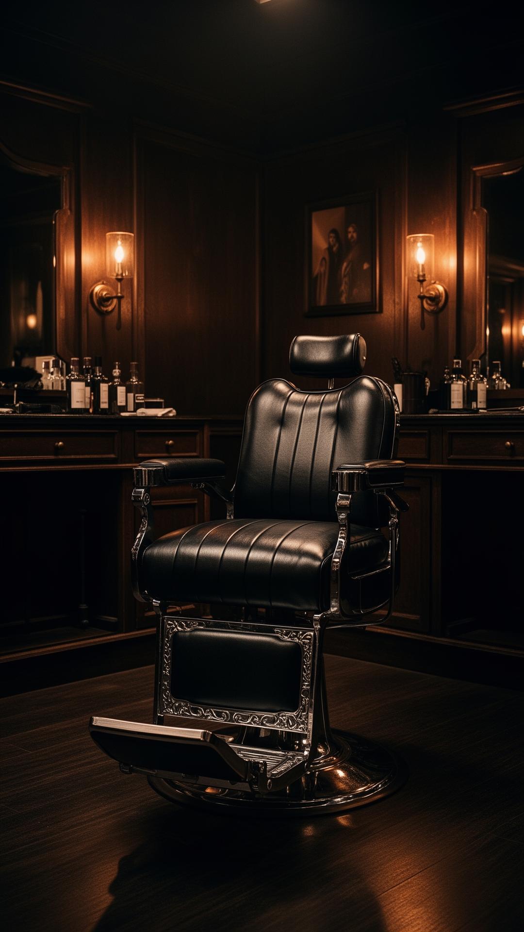 Vintage Barbersessel in dunklem Salon