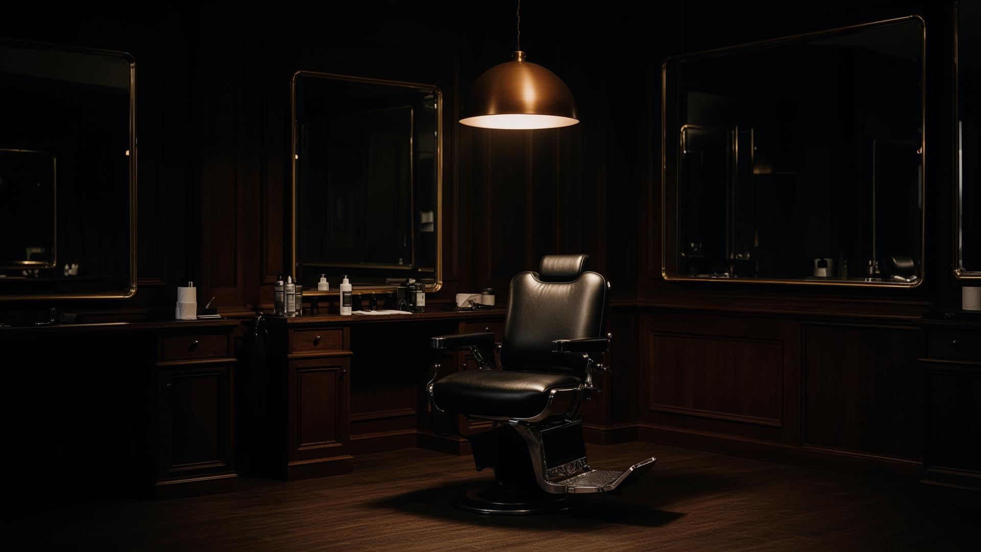 Dunkler Barbershop mit beleuchtetem Barbersessel